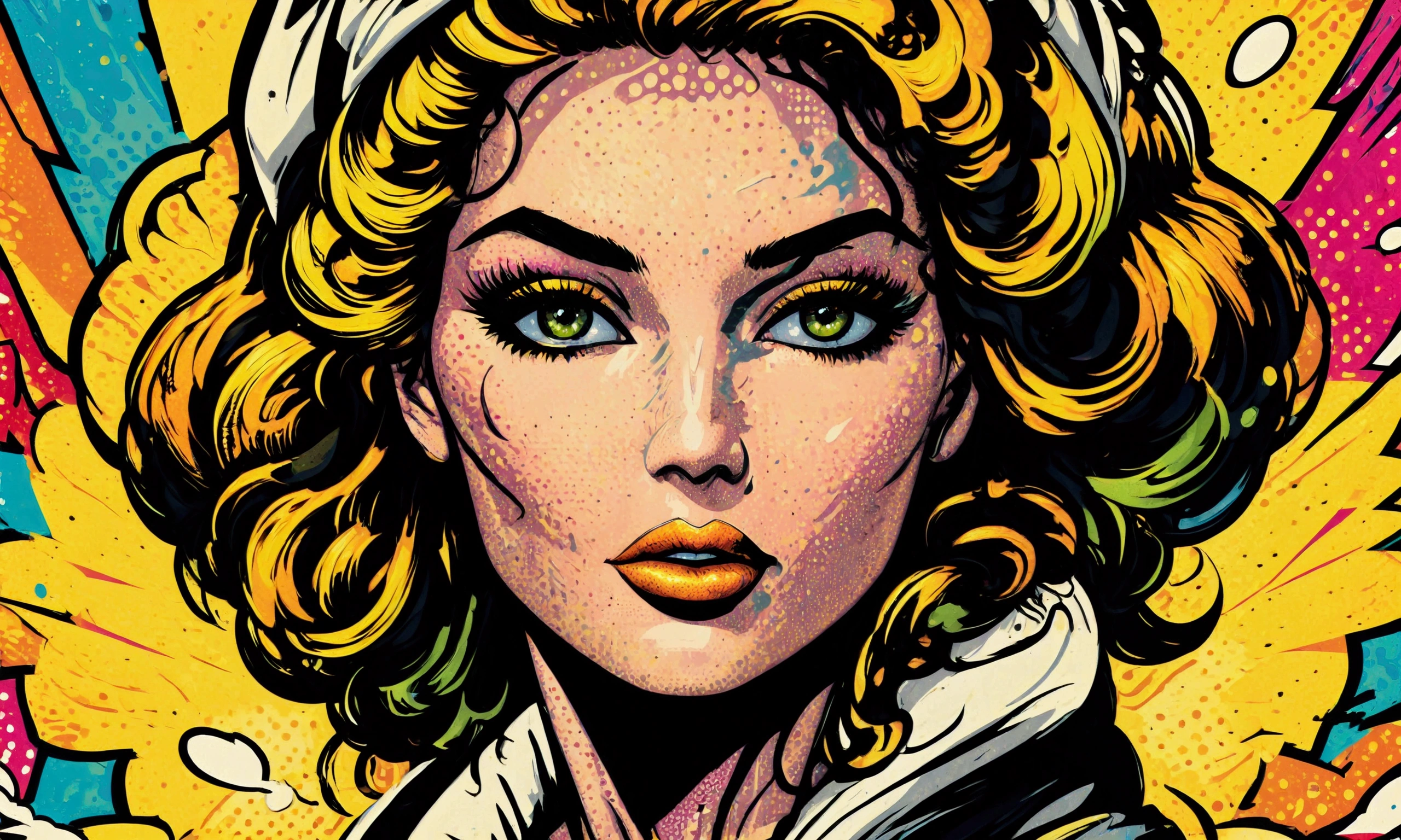 A portrait blending pop art, intricately detailed classic comic book illustrations, and graffiti style featuring a central woman against a composition of bold, black outlines and splashes of vibrant electric hues, creating a dynamic contrast. The atmosphere is energetic and urban, with elements suggesting movement and spontaneity. Incorporate textures reminiscent of spray paint drips and comic book dot patterns to enhance the visual interest.