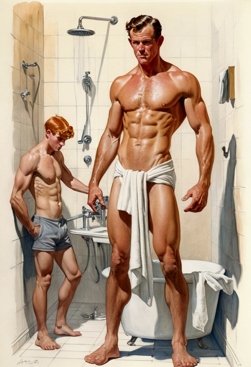 satirical sketch, Study of the 20-year-old male figure, Young muscular athlete, standing, full body and full body, completely naked, totally , , Take off your clothes, al natural |, covering the groin with a white towel, simply forceful, Crowded gym shower with spray showers and shower men in the background., pastel hues, By Harry Bush, James Montgomery Flagg and Lois de Baarle and Jim French and Rossdraw, Detailed realistic eyes, big bare feet, big bulge in crotch, beautiful, beautiful, long neck, hairy chest, prominent ears, big nose, parts. showing big feet. large erect penis, hairy body, ginger