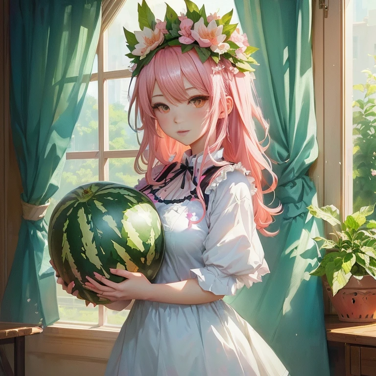 anime girl with pink hair holding a watermelon in front of a window, lolish, guweiz on pixiv artstation, , trending on artstation pixiv, digital art on pixiv, pixiv contest winner, zerochan art, anime visual of a cute girl, guweiz on artstation pixiv, pixiv, official artwork