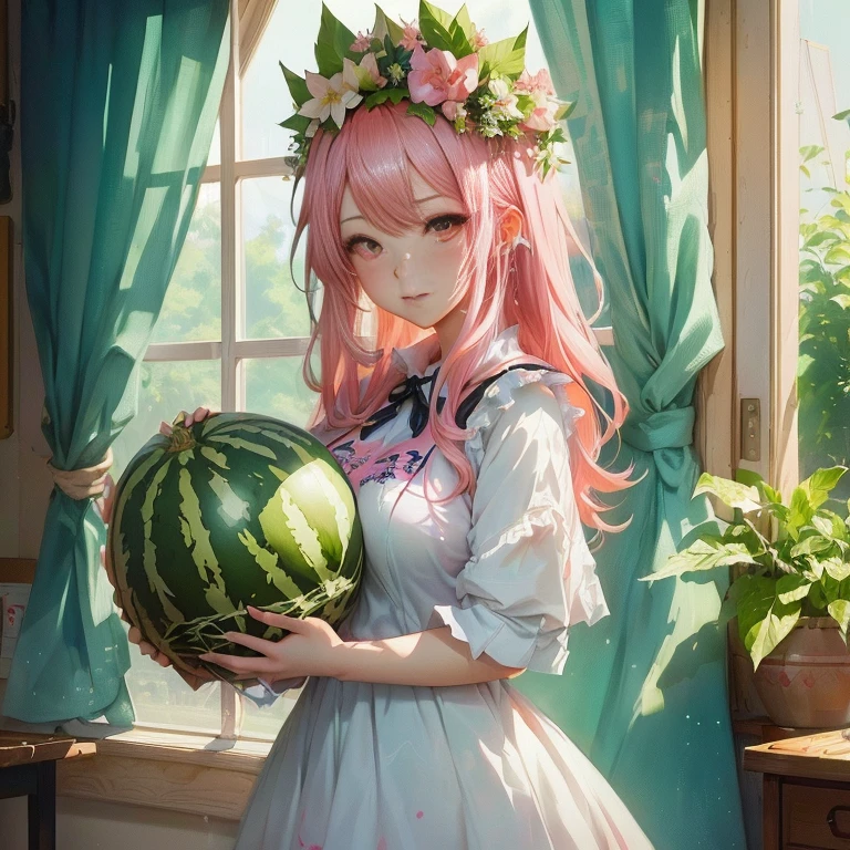 anime girl with pink hair holding a watermelon in front of a window, lolish, guweiz on pixiv artstation, , trending on artstation pixiv, digital art on pixiv, pixiv contest winner, zerochan art, anime visual of a cute girl, guweiz on artstation pixiv, pixiv, official artwork
