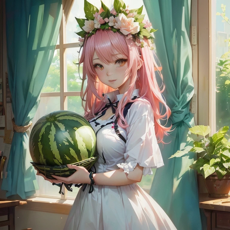 anime girl with pink hair holding a watermelon in front of a window, lolish, guweiz on pixiv artstation, , trending on artstation pixiv, digital art on pixiv, pixiv contest winner, zerochan art, anime visual of a cute girl, guweiz on artstation pixiv, pixiv, official artwork