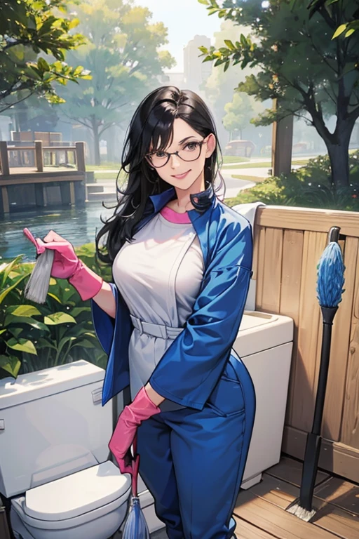A mature woman with black hair and glasses wearing a blue long-sleeved jumpsuit, large pink rubber gloves and white rubber boots, smiling and holding a deck brush, cleaning the toilet in the park
