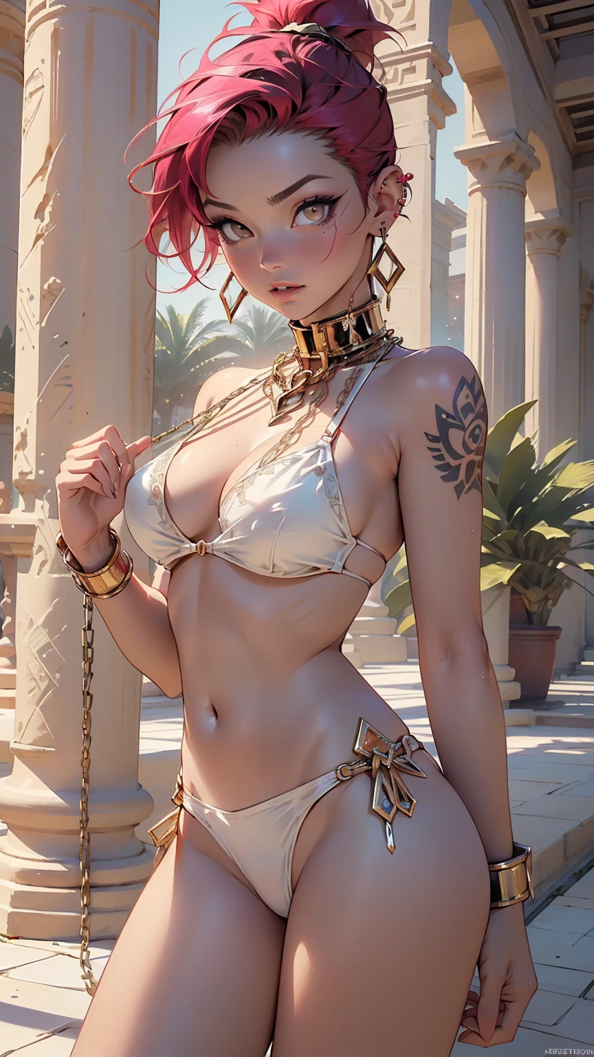 Ancient Egyptian Odalisque Girl.,1 girl,
(Shaved head, Red Mohawk:1.5),(big breasts:1.4),(((Brown_eyes:1.3))),Intricate eyes,beautiful detailed eyes,symmetrical eyes,((((shiny skin:1.5,tanned skin,shiny skin: 1.5,tanned skin,shiny skin,very shiny skin,shiny body,reflective skin)))),(abdoMen inferior de araña,narrow waist,wide hip,athletic body,inflated legs,thick thighs,(detailed face)),beautiful detailed lips,1 girl alta,beautiful face,
Beautiful,horny,sensual,seductive look,seductive,((Erotic)),opulent,sumptuous,((NSFW)),
gold earrings, ((earrings)),(nose piercing),(((lip piercing))),((((piercing in the chest and navel)))), ((tattoos)),bracelet,arm bracelets,leg bracelets,(((shadow, egyptian makeup, eyelid makeup))),(Revealing dance bikini,showing skin,very sexy and sensual bikini,transparent),(enorMe escote:1.5),((Correa,una chica Medio desnuda,sexy egyptian dance bikini)),(very revealing bikini,bikini transparent,tiny Correa),(barefoot),(((slave collar,Correa de cadena larga conectada a su collar,shackles,with chains))),Micro bikini,casi totalMente desnudo,with small bikini,(((iridescent vibrant pastel shiny silk bikini),Tela transparent:1.1,wet clothes,Intricate outfit,(Intricate bikini:1.5),embellished bikini)),
(daring poses),looking at the viewer,ashamed,shy,centered,escala para ajustarse a las diMensiones,rule of thirds,
inside a cave,Pillars,((Pillars background,underground palace,egyptian palace background,pyramids in the background)),scenery,extreMely scenery,(torches,torches in the background),egypt castle,(Sunset, golden hour),
(Bright Egyptian ornaments),High resolution,sharp focus,(ultra detailed,extremadaMente detallado),(photorealistic artwork:1.37),(extremadaMente detallado CG unity 8k wallpaper),(((vibrant colors,vibrant theme))),(Intricate),(masterpiece),(Me