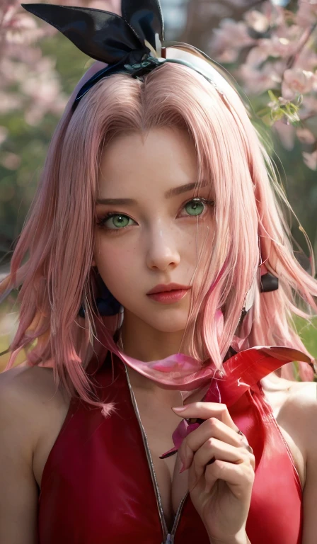 young woman, long pink hair, wide forehead, porcelain skin, pink eyebrows, big emerald green eyes, buttoned nose, thick lips, heart-shaped face, slender body, small breasts, pink leather dress, Sakura Haruno, realistic, realism black details 3d