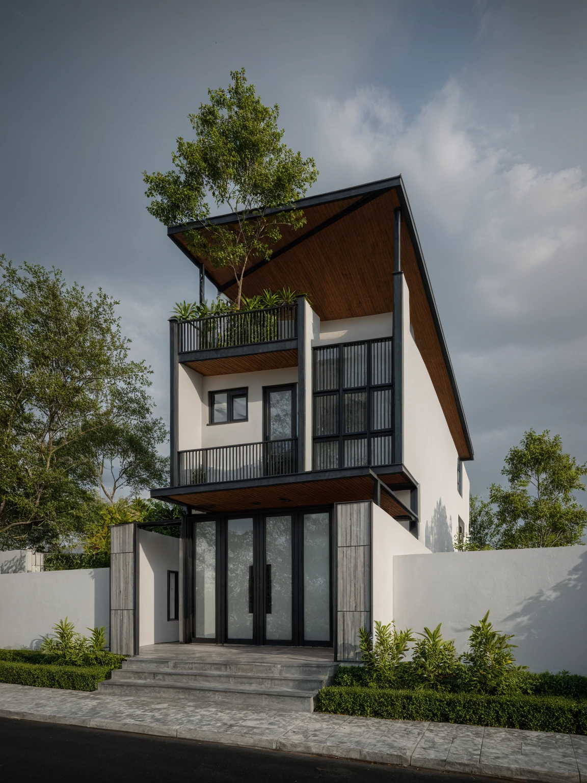 (RAW photo, masterpiece, best quality,ultra-detailed, extremely delicate and beautiful, highresolution, best shadow:1.1),modern townhosue on street, urban landsscape, white wall and wood, wood accent, tree on balcony, black steel gate, (overcast, foggy, moody vibes:1.1)