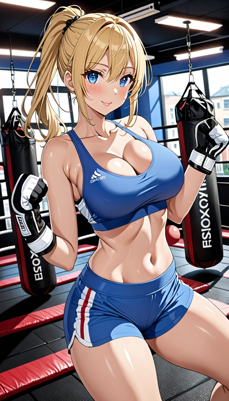 ((masterpiece)), ((high quality)), ((super detailed)), ((high resolution)) ,((8k)), a beautiful woman, ((She is one of the most famous female Gravure idol in the world.)), unparalleled beauty, ((huge breast)), ((large ass)), ((deep cleavage)), slim waist, chest out, ultra detailed face, perfect skin, (((Half-up hairstyle, Blonde Ponytail hair))), blue eyes, detailed eyes, whole body image, sexy, an inviting smile, sensual, (((anime))), ((glamorous)), sexual attraction, 26 years old, ((incredibly beautiful woman)), ((The H cup bust)), ((((sexy pose)))) , (((Sports Bra, Shorts))), ((beautiful breasts)), beautiful legs, 8 life size, anime, the most beautiful and strongest, ((charm)), ((Half Japanese and half British)), ((Grown-up face)), ((Open Finger Gloves, ((Boxercise Gym)),