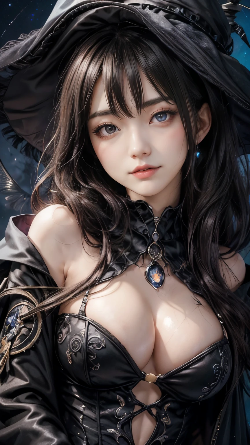 (Fatal Beauty,A charming villain,witch) ,(A supple and powerful physique),(Sensual charm),(Mysterious charm:1.1),(Captivating silhouette),((((Glasses))))、((((big sapphire necklace))))、(Highest quality,High resolution:1.2),(dark,Threatening:1.1),((dark horror theme:1.5),(Thriller:1.5)),(Dark fantasy:1.5), (((Countless stars fly away:1.5),(Absurd:1.5),(wonderful:1.5))),Woman in a dress, (Powerful numbers:1.1),(((Big Breasts))),(((Muscular:1.1))), cute face, Sexy Face, , Very detailedなbeautiful女の子, (Ideal body type:1.8), Very detailed faceexpressive lips, (Very beautiful、Crisp big eyes:1.5), Fine skin., All features are shown in detail., The outline of the fingers is beautifully drawn....., The nose is precisely shaped., expressive lips, Perfect Anatomy,cute、Realistic、(Front view:1.4),(Face Focus:1.3), realistic girl rendering, 8k artistic german bokeh, Enchanting girl, Real Girls, Gurwitz, Gurwitz-style artwork, Girl Roleplay, Realistic 3D style, cgstation Popular Topics, 8K Portrait Rendering,(truth,truth:1.4),Sexy Body,( Very lean body:1.6),Sexy pose, blush, Attractive body, Very curled hair, Purple Curly Hair, very big hair, Very curled hair, prime color,Urban,Very detailed,masterpiece,Intricate details,Faded,Very detailed, Eye for details,Intricate details,Dark and eerie atmosphere, Spiritual Beings, Unforgettably beautiful, Ghostly figures, Shadow-like shape, Spooky whispers, Ominous Aura, Goth Maiden, Like dazzling fur in a starless haze,Her Mogul Snaps, Mysterious Cemetery,Black hair swaying in the moonlight, She summons darkness, (beautiful: 1.7), (Black Hat: 1.6), (An intricately decorated jet-black cloak: 1.6), (Delicately decorated cloak, Despite the damage: 1.5), Hypermaximalist, Breathtaking oil paintings, Surreal, Ultra-realistic digital illustrations that mimic the style of oil paintings, wonderful構成, (Shining Eyes:1.6)、(Glowing Eyes:1.1),(hellish landscape:1.1),(fire,sulfur:1.1),(Threatening atmosphere:1.1),(dark shadows,Threatening p