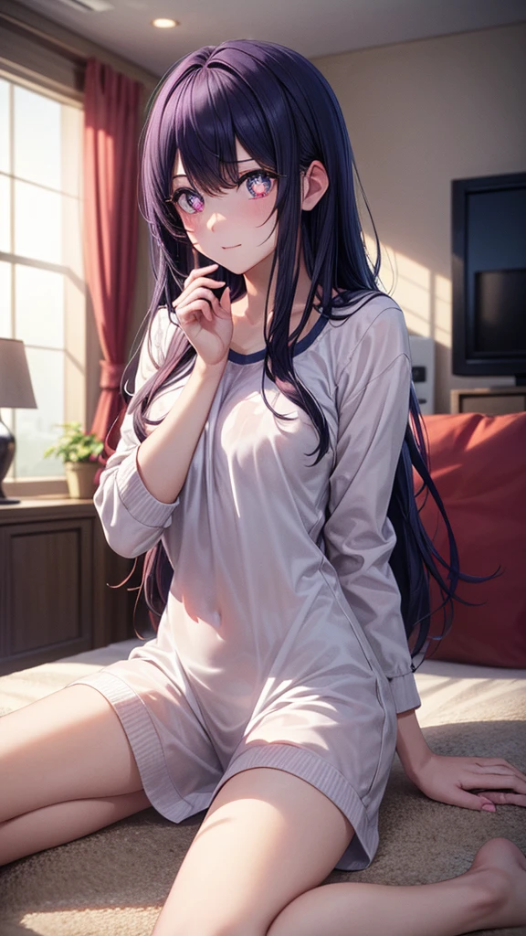 (8k, Ultra-high resolution, The best masterpiece, best quality:1.2), Very detailed, portrait, Half Body, side, focus on eyes, HD RAW photos, career arrest, High quality and beautiful, 超高清 8k 影像照片, confess, Professional photography, (actual, actual相片: 1.37), Very detailed的美麗女孩, Super delicate face shape, Contoured eyes, (Very detailed eyes), Delicate skin, (HD Skin:1.2), Neatly contoured fingers, (20:1.2), Twenty generations, cute girl, young beautiful mother, solo, Ai Hoshino, Hoshino Ai, (Wear comfortable loungewear), Vibrant look, (Layperson, Living room), Dynamic dark purple long hair, shiny purple eyes, (Star-shaped pupil:1.5), one hand raised, Sensual, warm, Exuding motherly love, perfect ???????, Detailed background, HD Background, Volumetric lighting, actual, stunning details, 8k Ultra HD, high quality, CG unity, C4D Rendering, 3D Rendering, Octane Rendering,