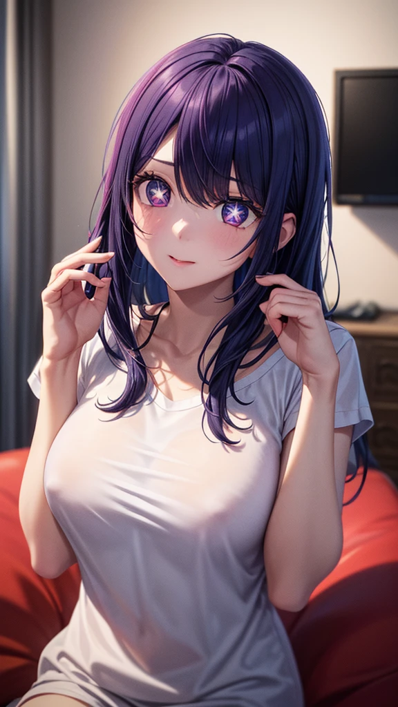 (8k, Ultra-high resolution, The best masterpiece, best quality:1.2), Very detailed, portrait, Half Body, side, focus on eyes, HD RAW photos, career arrest, High quality and beautiful, 超高清 8k 影像照片, confess, Professional photography, (actual, actual相片: 1.37), Very detailed的美麗女孩, Super delicate face shape, Contoured eyes, (Very detailed eyes), Delicate skin, (HD Skin:1.2), Neatly contoured fingers, (20:1.2), Twenty generations, cute girl, young beautiful mother, solo, Ai Hoshino, Hoshino Ai, (Wear comfortable loungewear), Vibrant look, (Layperson, Living room), Dynamic dark purple long hair, shiny purple eyes, (Star-shaped pupil:1.5), one hand raised, Sensual, warm, Exuding motherly love, perfect anatomy, Detailed background, HD Background, Volumetric lighting, actual, stunning details, 8k Ultra HD, high quality, CG unity, C4D Rendering, 3D Rendering, Octane Rendering,