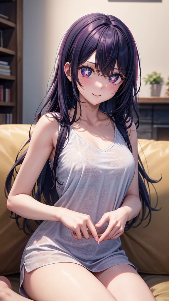 (8k, Ultra-high resolution, The best masterpiece, best quality:1.2), Very detailed, portrait, Half Body, side, focus on eyes, HD RAW photos, career arrest, High quality and beautiful, 超高清 8k 影像照片, confess, Professional photography, (actual, actual相片: 1.37), Very detailed的美麗女孩, Super delicate face shape, Contoured eyes, (Very detailed eyes), Delicate skin, (HD Skin:1.2), Neatly contoured fingers, (20:1.2), Twenty generations, cute girl, young beautiful mother, solo, Ai Hoshino, Hoshino Ai, (Wear comfortable loungewear), Vibrant look, (Layperson, Living room), Dynamic dark purple long hair, shiny purple eyes, (Star-shaped pupil:1.5), one hand raised, Sensual, warm, Exuding motherly love, perfect anatomy, Detailed background, HD Background, Volumetric lighting, actual, stunning details, 8k Ultra HD, high quality, CG unity, C4D Rendering, 3D Rendering, Octane Rendering,