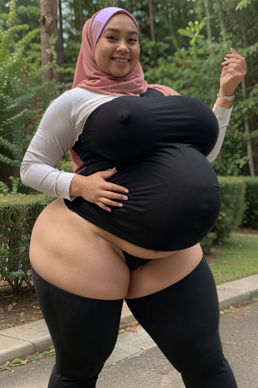 1 malay woman, wearing hijab, short woman: 150cm, attractive woman, beautiful face, smile, potrait, wearing tight long sleeve shirt, wearing tight legging pants, huge breasts, weight gain, bbw, chubby massive tights, plump body, chubby body, jiggly fat and round belly, she was pregnant, (PREGNANT), 9  of pregnancy, (HUGE BELLY), (HYPERPREG), belly getting bigger, (HEAVY WIDE BUTT), huge butt, fat and round butt, huge bicep and tricep