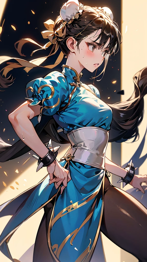 {{masterpiece}}, {{{Highest quality}}},{{Very detailed}},sf2 to,Chunli,Combat Stance,from side,Cowboy Shot,Focus on legs｛{{Combat Stanceの成熟した女性}}｝,{{疲労でSweatをかいている成人女性}},Sweat,,Small breasts,{{Blushing}},{{V-shaped eyebrows}},{{Blue clothes}},{{puffy short sleeve}},{{{Blue Chinese dress with gold lines}},{Bunhead}},{},, ,{{spike bracelet}},{{Tied Hair}},,{{Thin legs}},{{White belt}},,Slender body}}{{ blue pelvis curtain}}, , sash, Brown pantyhose, ,,blush,Wrinkles ,amount,Grit your teeth,suffering,v-shaped eyebrows.,Sweat dripping,Medium chest ,get annoyed,Fighting Ring,,Bunhead,Good cover,Fighting Pose,