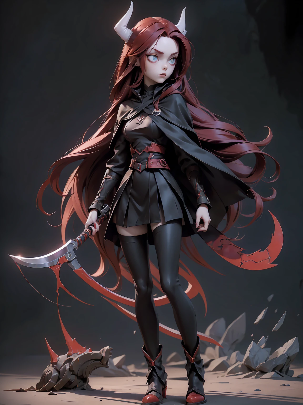 (((Best Quality))), (((Masterpiece))), (((Realistic))) ((full body shot)) slender cute pale demon girl, pointing ears, (red colored eyes), long black hair, wearing demon armor with (intricate details) holding in her back a giant demon stylish scythe.