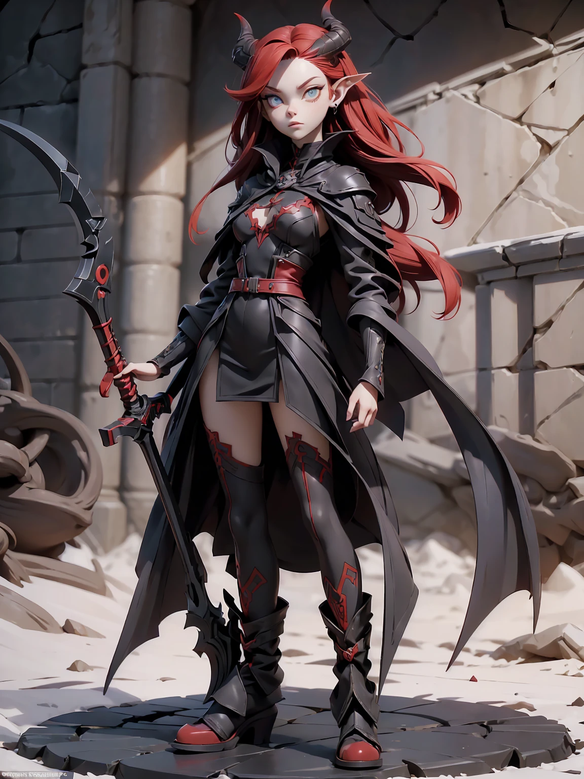 (((Best Quality))), (((Masterpiece))), (((Realistic))) ((full body shot)) slender cute  pale demon girl, pointing ears, (red colored eyes), long black hair, wearing demon armor with (intricate details) holding in her back a giant demon stylish scythe.