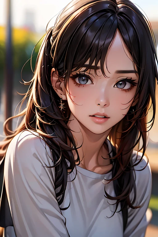 (Highest quality)),(超High resolution),(Very detailed),(Detailed Description),((The best CG)),(masterpiece),Ultra-detailed art、(Highest quality、8k、32K、masterpiece)、(Realistic)、(Realistic:1.2)、(High resolution)、Very detailed、Very beautiful face and eyes、1 female、Tight waist、Delicate body、(Highest quality、Attention to detail、Rich skin detail)、(Highest quality、8k、Oil paints:1.2)、Very detailed、(Realistic、Realistic:1.37)、Bright coloredium length hair with loose waves、ponytail、The bangs are straight and fall on the forehead、Red hair))、 Light skin tone、Smooth and healthy skin、
""((Gray sweatshirt, black sweatpants, white long-sleeved undershirt, white ankle socks, black sneakers))
background: ((Schoolyard:1.6))、Or natural scenery""