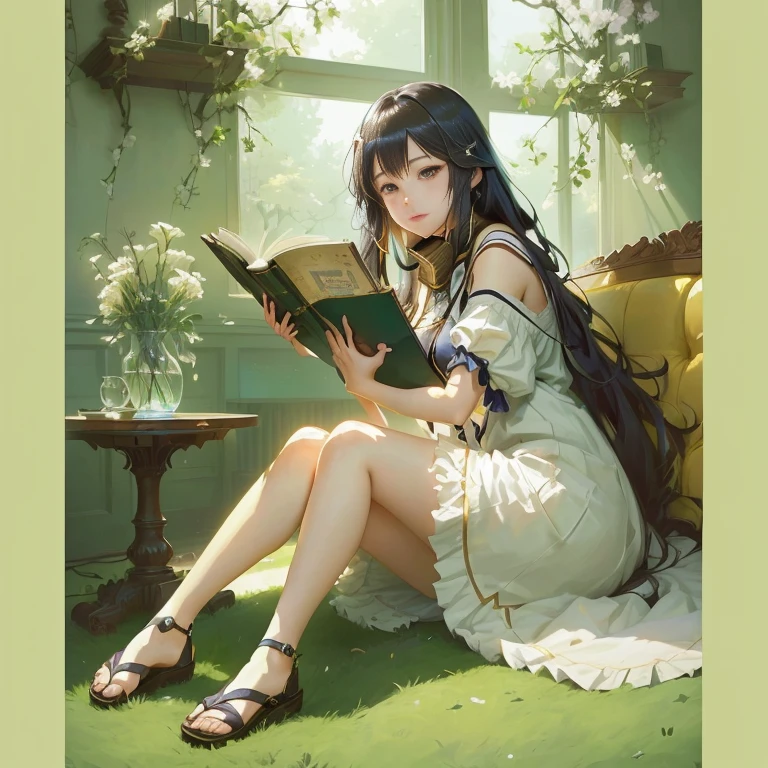 anime girl sitting on a couch reading a book in a room, guweiz on pixiv artstation, rpg book portrait, book portrait, epic light novel art cover, artbook artwork, light novel cover art, guweiz, digital art on pixiv, artwork in the style of guweiz, guweiz on artstation pixiv