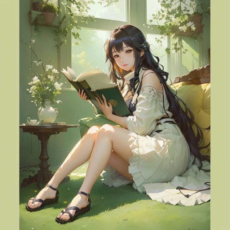 anime girl sitting on a couch reading a book in a room, guweiz on pixiv artstation, rpg book portrait, book portrait, epic light novel art cover, artbook artwork, light novel cover art, guweiz, digital art on pixiv, artwork in the style of guweiz, guweiz on artstation pixiv