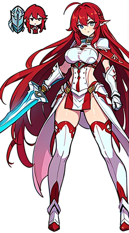 (((Highest quality))) , ((whole body)), woman, Reference Sheet, alone, (white background), Greaves,  Gauntlet, sword ,  ,  Thigh height, Loin cloth only, Red Cape, Long Hair, Red hair,  pink, cyan, white,