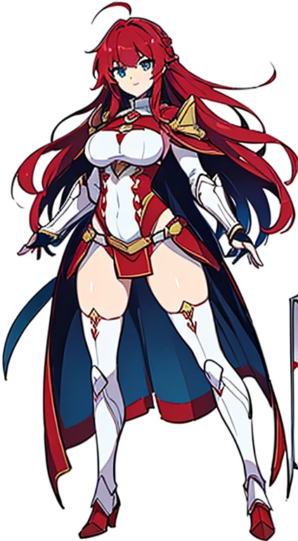 (((Highest quality))) , ((whole body)), woman, Reference Sheet, alone, (white background), Greaves,  Gauntlet, sword ,  ,  Thigh height, Loin cloth only, Red Cape, Long Hair, Red hair,  pink, cyan, white,