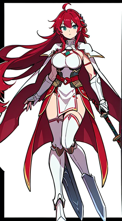 (((Highest quality))) , ((whole body)), woman, Reference Sheet, alone, (white background), Greaves,  Gauntlet, sword ,  ,  Thigh height, Loin cloth only, Red Cape, Long Hair, Red hair,  pink, cyan, white,