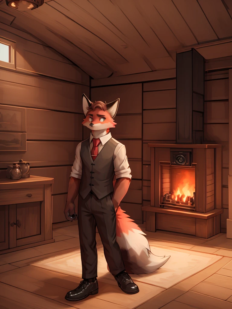 a serious expression young red fox with a fluffy tail, wearing a black suit, white shirt, red tie, elegant black shoes, light brown eyes, looking at the camera, in a wooden room with a fireplace, detailed, aesthetic