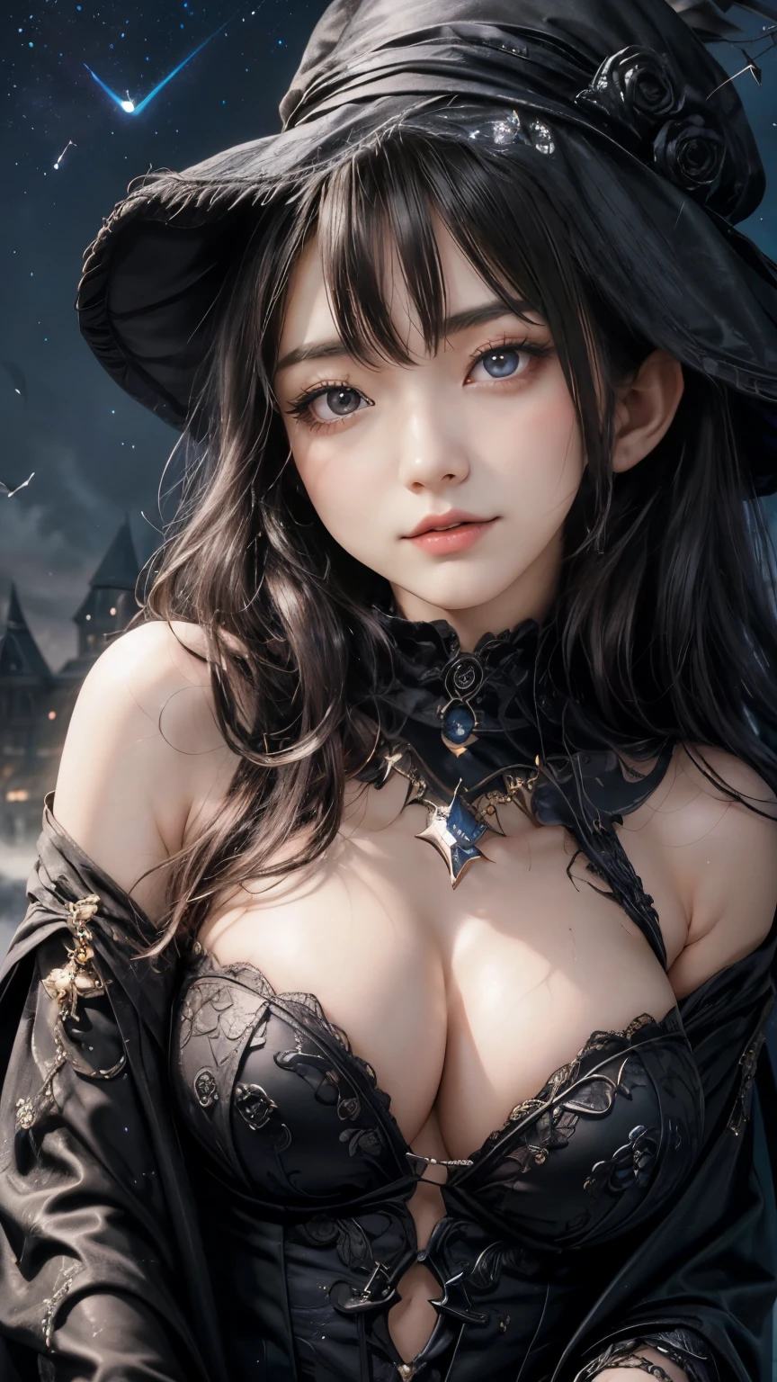 (Fatal Beauty,A charming villain,witch) ,(A supple and powerful physique),(Sensual charm),(Mysterious charm:1.1),(Captivating silhouette),((((Glasses))))、((((big sapphire necklace))))、(Highest quality,High resolution:1.2),(dark,Threatening:1.1),((dark horror theme:1.5),(Thriller:1.5)),(Dark fantasy:1.5),  (((Countless stars fly away:1.5),(Absurd:1.5),(wonderful:1.5))),Woman in a dress, (Powerful numbers:1.1),(((Big Breasts))),(((Muscular:1.1))), cute face, Sexy Face, , Very detailedなbeautiful女の子, (Ideal body type:1.8), Very detailed faceexpressive lips, (Very beautiful、Crisp big eyes:1.5), Fine skin., All features are shown in detail., The outline of the fingers is beautifully drawn....., The nose is precisely shaped., expressive lips, Perfect Anatomy,cute、Realistic、(Front view:1.4),(Face Focus:1.3), realistic girl rendering, 8k artistic german bokeh, Enchanting girl, Real Girls, Gurwitz, Gurwitz-style artwork, Girl Roleplay, Realistic 3D style, cgstation Popular Topics, 8K Portrait Rendering,(truth，truth：1.4),Sexy Body,( Very lean body:1.6),Sexy pose, blush, Attractive body, Very curled hair, Purple Curly Hair, very big hair, Very curled hair, prime color,Urban,Very detailed,masterpiece,Intricate details,Faded,Very detailed, Eye for details,Intricate details,Dark and eerie atmosphere,  Spiritual Beings, Unforgettably beautiful, Ghostly figures, Shadow-like shape, Spooky whispers, Ominous Aura, Goth Maiden,  Like dazzling fur in a starless haze,Her Mogul Snaps, Mysterious Cemetery,Black hair swaying in the moonlight, She summons darkness, (beautiful: 1.7), (Black Hat: 1.6), (An intricately decorated jet-black cloak: 1.6), (Delicately decorated cloak, Despite the damage: 1.5), Hypermaximalist,  Breathtaking oil paintings, Surreal, Ultra-realistic digital illustrations that mimic the style of oil paintings, wonderful構成,  (Shining Eyes:1.6)、(Glowing Eyes:1.1),(hellish landscape:1.1),(fire,sulfur:1.1),(Threatening atmosphere:1.1),(dark shadows,Threatening p