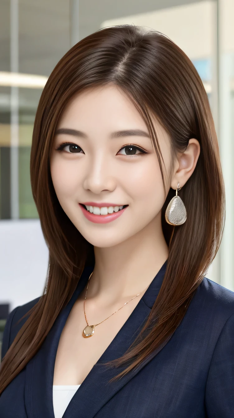 High resolution, Very detailed, Intricate details, 、ear piercing、smile、Beautiful teeth alignment、Tie back long hair、、Brown Hair、Clear beauty,Office Lady Suits 、Necklace around the neck、, The background is the office