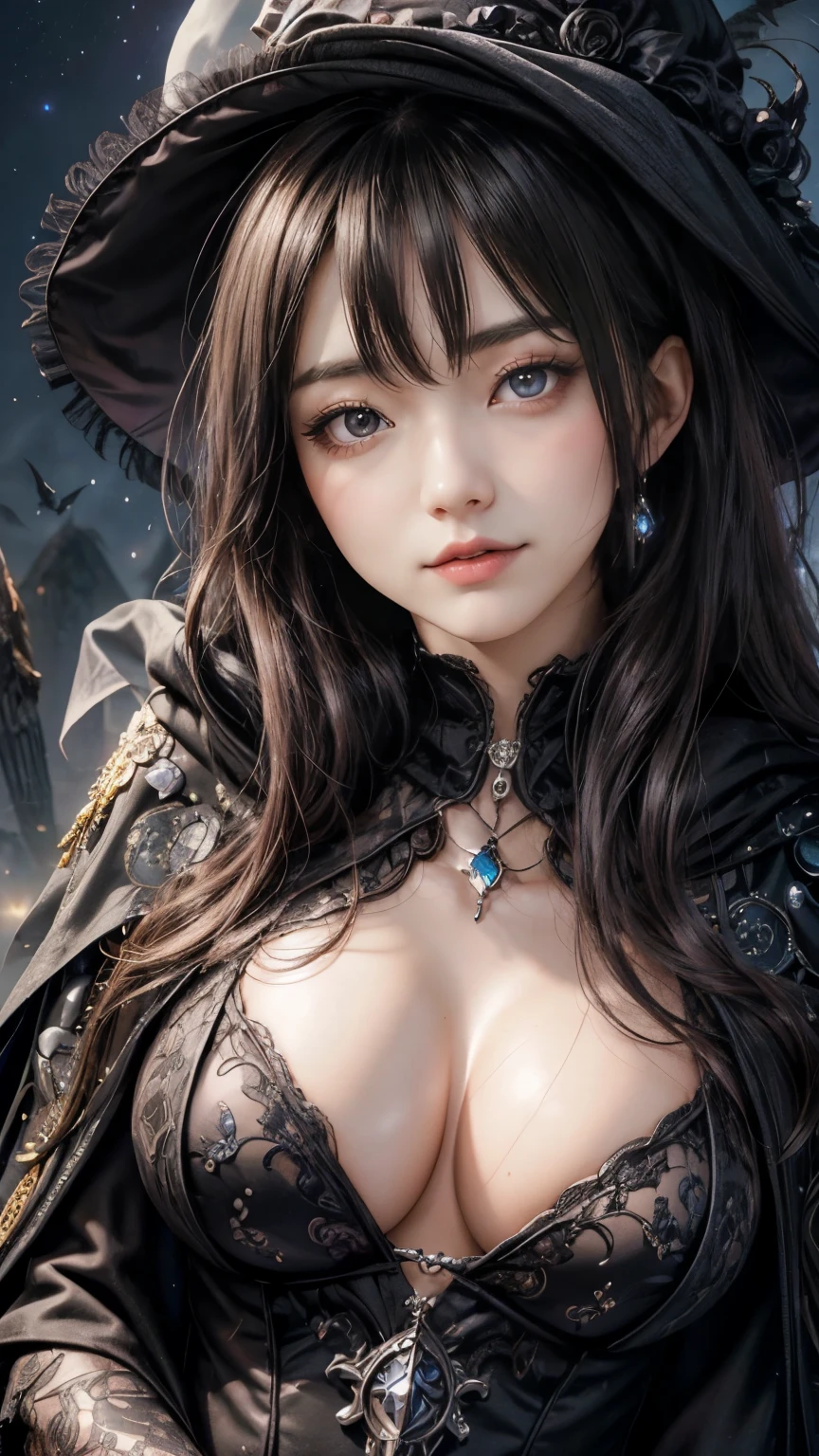 (Fatal Beauty,A charming villain,witch) ,(A supple and powerful physique),(Sensual charm),(Mysterious charm:1.1),(Captivating silhouette),((((Glasses))))、((((big sapphire necklace))))、(Highest quality,High resolution:1.2),(dark,Threatening:1.1),((dark horror theme:1.5),(Thriller:1.5)),(Dark fantasy:1.5), (((Countless stars fly away:1.5),(Absurd:1.5),(wonderful:1.5))),Woman in a dress, (Powerful numbers:1.1),(((Big Breasts))),(((Muscular:1.1))), cute face, Sexy Face, , Very detailedなbeautiful女の子, (Ideal body type:1.8), Very detailed faceexpressive lips, (Very beautiful、Crisp big eyes:1.5), Fine skin., All features are shown in detail., The outline of the fingers is beautifully drawn....., The nose is precisely shaped., expressive lips, Perfect Anatomy,cute、Realistic、(Front view:1.4),(Face Focus:1.3), realistic girl rendering, 8k artistic german bokeh, Enchanting girl, Real Girls, Gurwitz, Gurwitz-style artwork, Girl Roleplay, Realistic 3D style, cgstation Popular Topics, 8K Portrait Rendering,(truth,truth:1.4),Sexy Body,( Very lean body:1.6),Sexy pose, blush, Attractive body, Very curled hair, Purple Curly Hair, very big hair, Very curled hair, prime color,Urban,Very detailed,masterpiece,Intricate details,Faded,Very detailed, Eye for details,Intricate details,Dark and eerie atmosphere, Spiritual Beings, Unforgettably beautiful, Ghostly figures, Shadow-like shape, Spooky whispers, Ominous Aura, Goth Maiden, Like dazzling fur in a starless haze,Her Mogul Snaps, Mysterious Cemetery,Black hair swaying in the moonlight, She summons darkness, (beautiful: 1.7), (Black Hat: 1.6), (An intricately decorated jet-black cloak: 1.6), (Delicately decorated cloak, Despite the damage: 1.5), Hypermaximalist, Breathtaking oil paintings, Surreal, Ultra-realistic digital illustrations that mimic the style of oil paintings, wonderful構成, (Shining Eyes:1.6)、(Glowing Eyes:1.1),(hellish landscape:1.1),(fire,sulfur:1.1),(Threatening atmosphere:1.1),(dark shadows,Threatening p