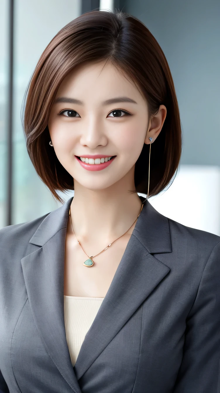 High resolution, Very detailed, Intricate details, 、ear piercing、smile、Beautiful teeth alignment、Black Hair、Clear beauty,Office Lady Suits 、Necklace around the neck、, The background is the office