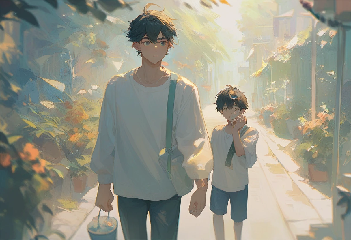 2 boys, cute face, holing hand, walking, eating coockies, light, 2 characters