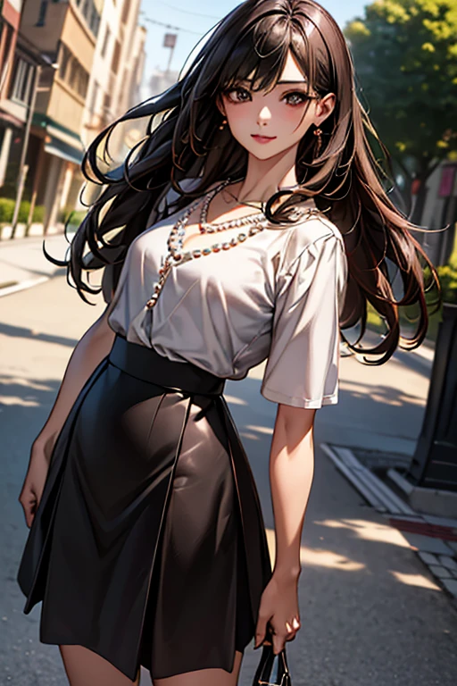 ((Highest quality)),(超High resolution),(Very detailed),(Detailed Description),((The best CG)),(masterpiece),Ultra-detailed art、(Highest quality、8k、32K、masterpiece)、(Realistic)、(Realistic:1.2)、(High resolution)、Very detailed、Very beautiful face and eyes、1 female、((:1.3))、Tight waist、Delicate body、(Highest quality、Attention to detail、Rich skin detail)、(Highest quality、8k、Oil paints:1.2)、Very detailed、(Realistic、Realistic:1.37)、Bright colors、Japanese woman in her mid-20s。With long hair、Black straight hair。Large, wide eyes、Thin and well-trimmed eyebrows、High nose、Small, well-shaped mouth、Light Skin Tone。With a soft smile。((Red cache-coeur blouse:1.6、Wearing a black flared skirt、Wearing a pearl necklace。Wearing black pumps))。In the background is a park with seasonal flowers in bloom.、Standing facing forward under a clear daytime sky。