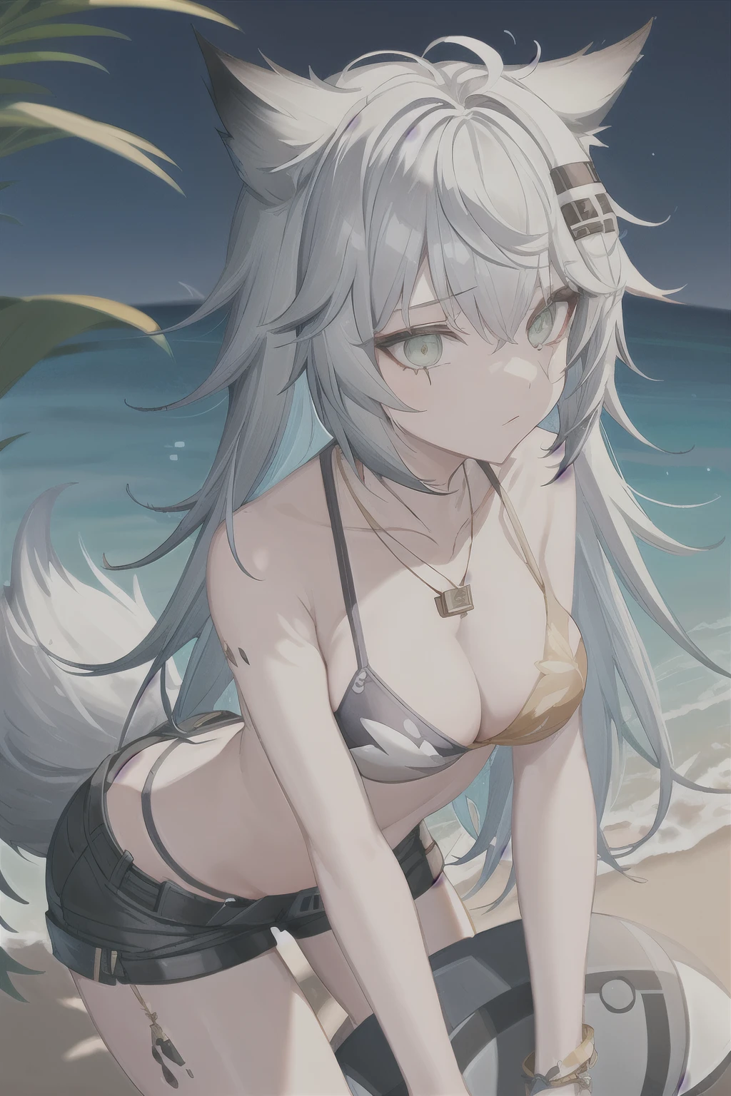 lappland (arknights), lappland (swimsuit), 1girl, medium breasts, wolf tail, yellow bikini, shorts, green eyes, solo, looking at viewer, cleavage, black shorts, necklace, hairclip, bare shoulders, collarbone, bikini top only, short shorts, leaning forward 