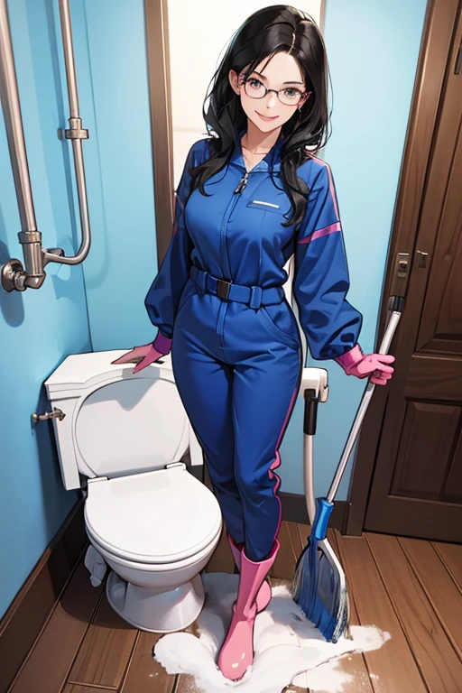 A mature woman with black hair and glasses wearing a blue long-sleeved jumpsuit, large pink rubber gloves and white rubber boots, smiling and holding a deck brush to clean the toilet