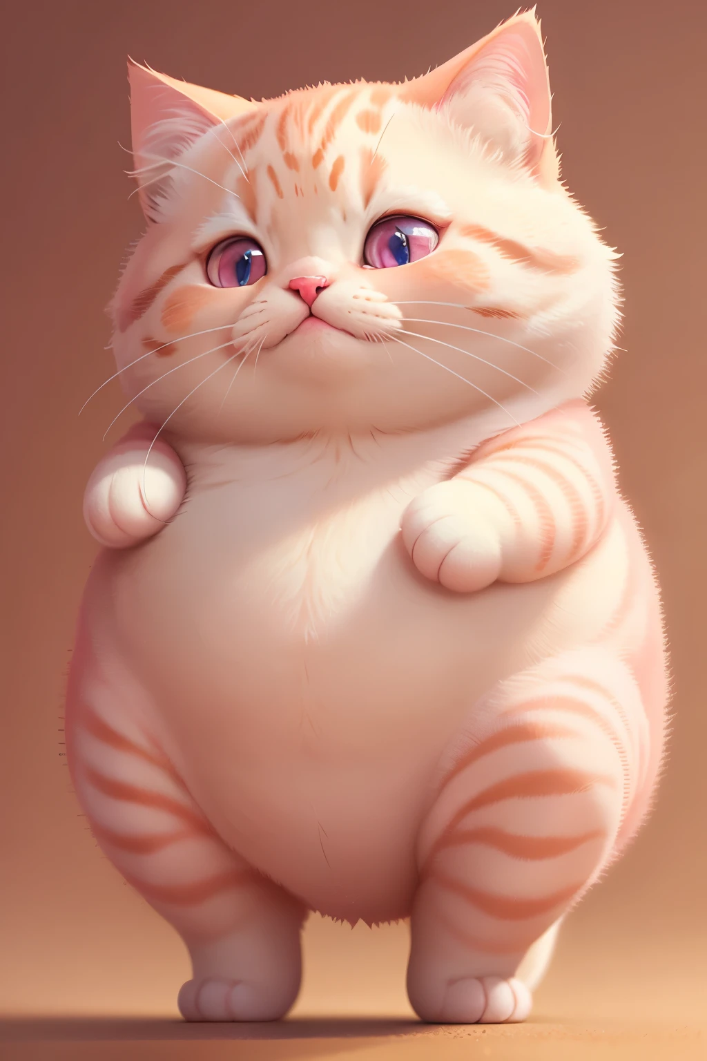 A chubby pink and cream feline, adorned with a tiny, adorable snub nose, gracefully balances on its hind legs, exuding an unusual sense of elegance and charm.