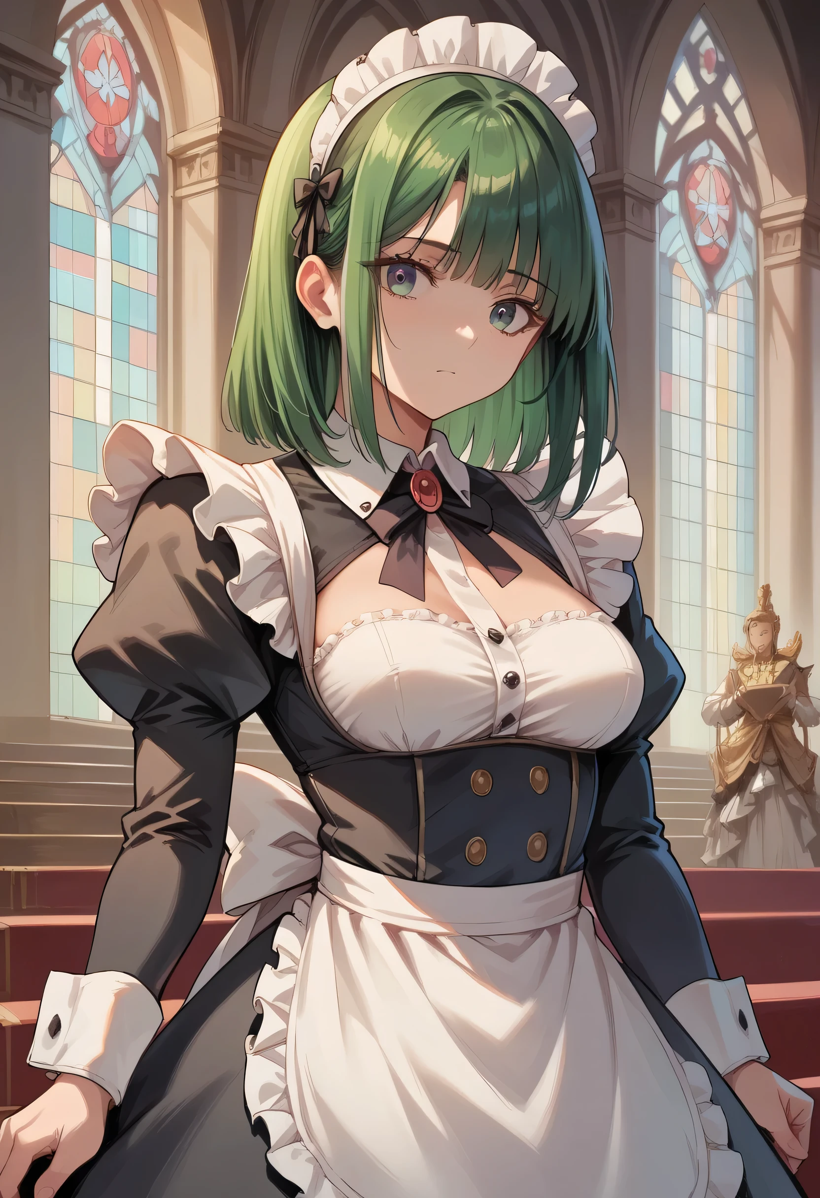 (((Best quality, 8k, Masterpiece: 1.3)), ((best quality)), ((masterpiece)), (detailed), perfect face, A maid girl with long green hair, she looks at me, Her thick hair flows, A maid costume with frills. She serves at the royal court, high resolution, Textured skin, anime style