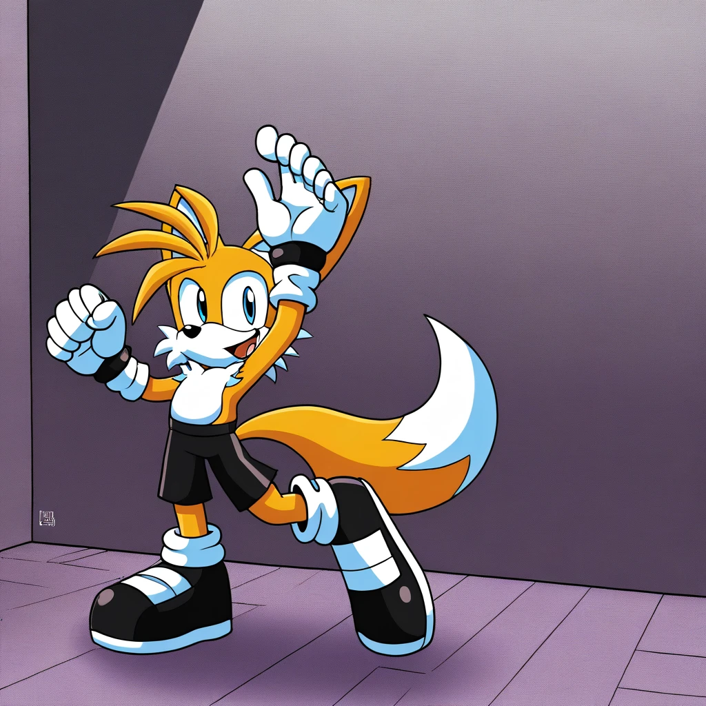 Custom avatar, fox character, wearing sonics shoes, wearing black shorts, in the cyberspace￼, cgi backround, doing a dyamic pose, dancing with your feet,