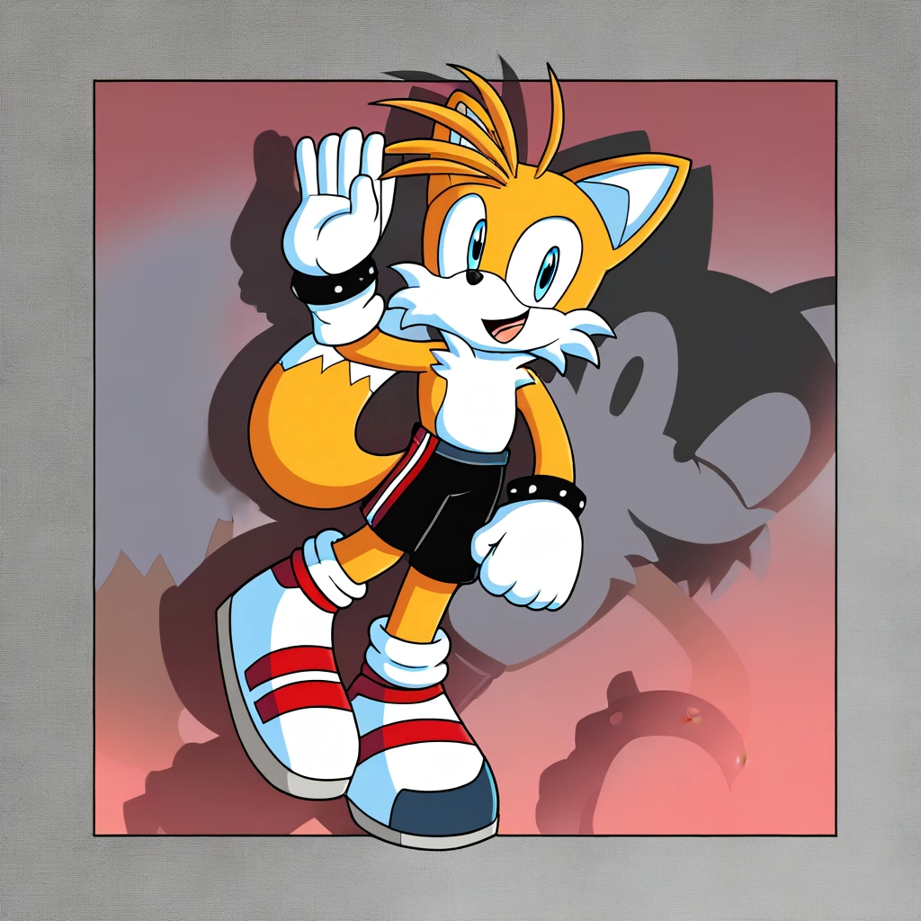 Custom avatar, fox character, wearing sonics shoes, wearing black shorts, in the cyberspace, cgi backround, doing a dyamic pose, dancing with your feet,