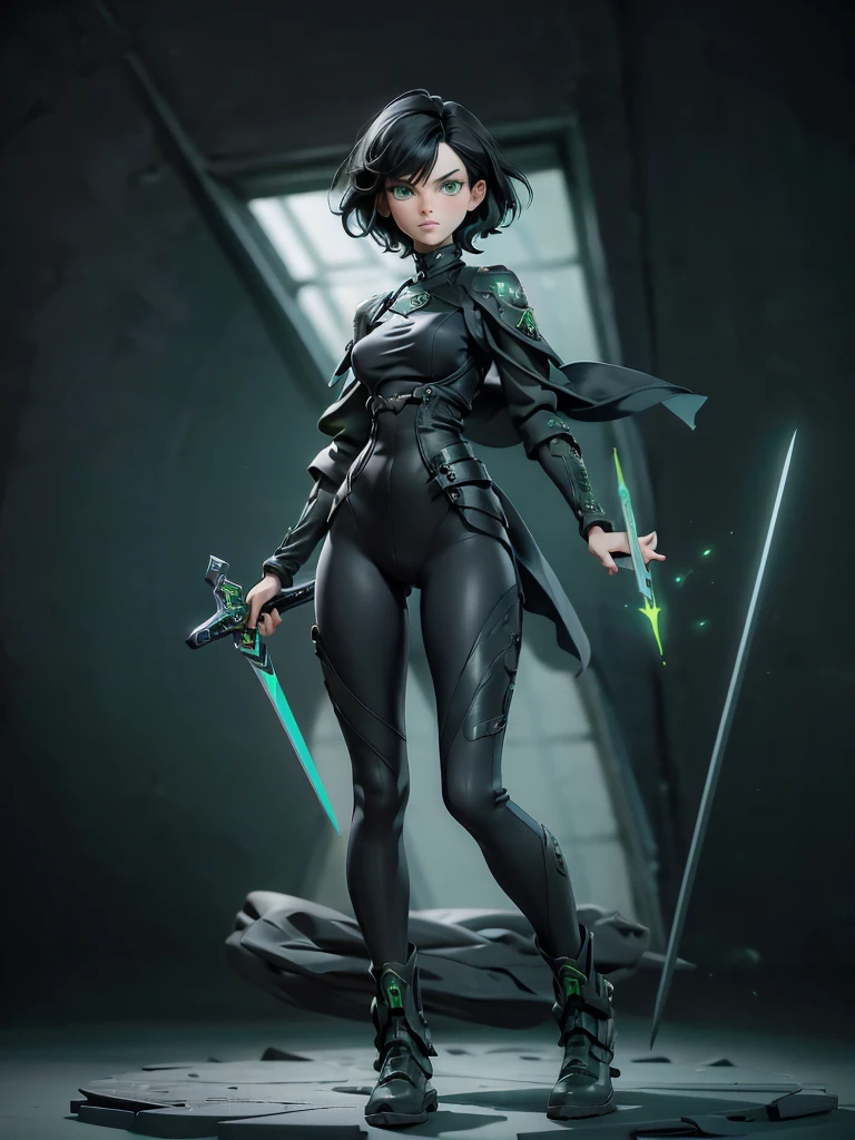 (((Best Quality))), (((Masterpiece))), (((Realistic))) slender, cute girl with short black hair and vibrant green eyes. She wears only a tight black high tech leggings with high-tech boots and holds a strong sword(extremely detailed:1.5)
