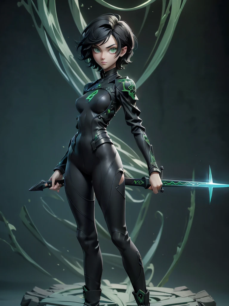 (((Best Quality))), (((Masterpiece))), (((Realistic))) slender, cute girl with short black hair and vibrant green eyes. She wears only a tight black high tech leggings with high-tech boots and holds a strong sword(extremely detailed:1.5)