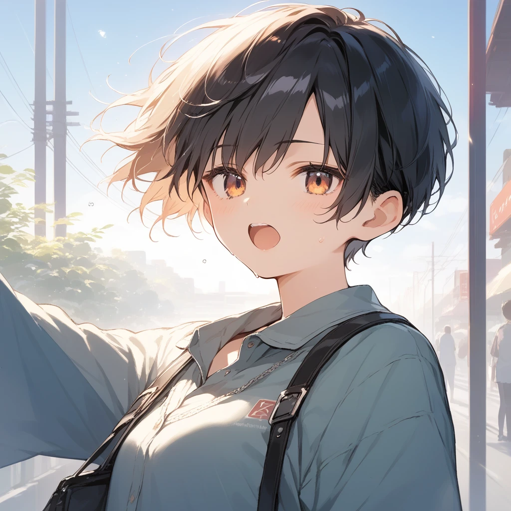 score_9, score_8_up, score_7_up, source_anime, best quality, masterpiece, official art, absurdres, highres, ultra-detailed,waifu2x,Collection: Serious Beauty,break,1girl, tomboy, very short hair, pixie cut, breasts,  beautiful detailed eyes, open mouth, (yawn:0.3), sleepily, , shorts, sweat, outdoors, rural, wind, break,(clear line illustration:1.2), super detailed skin,very high resolution, very aesthetic, Best sexual lighting powered by famous artist, 8k, beauty illustration,photoshop_(medium),,(Detailed Lighting),best anime 8k konachan wallpaper, pixiv contest winner, 