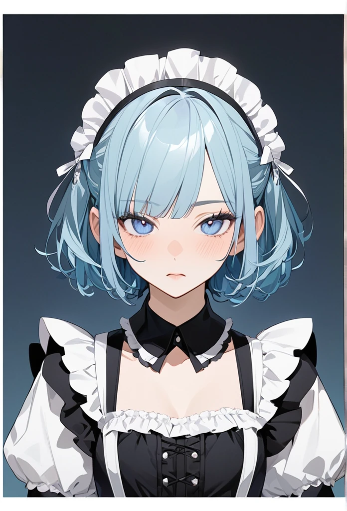 One girl, solo, Hide your ears, blue eyes, Sleepy, expression, Simple Background, Character portrait, Chest girth, Maid Head Accessories, Anime Style, Gothic art, High resolution, masterpiece, accurate, Highest quality, ロング丈のMaid clothes、Even bangs、short hair、Light blue hair、Maid clothes、呆れたexpression
