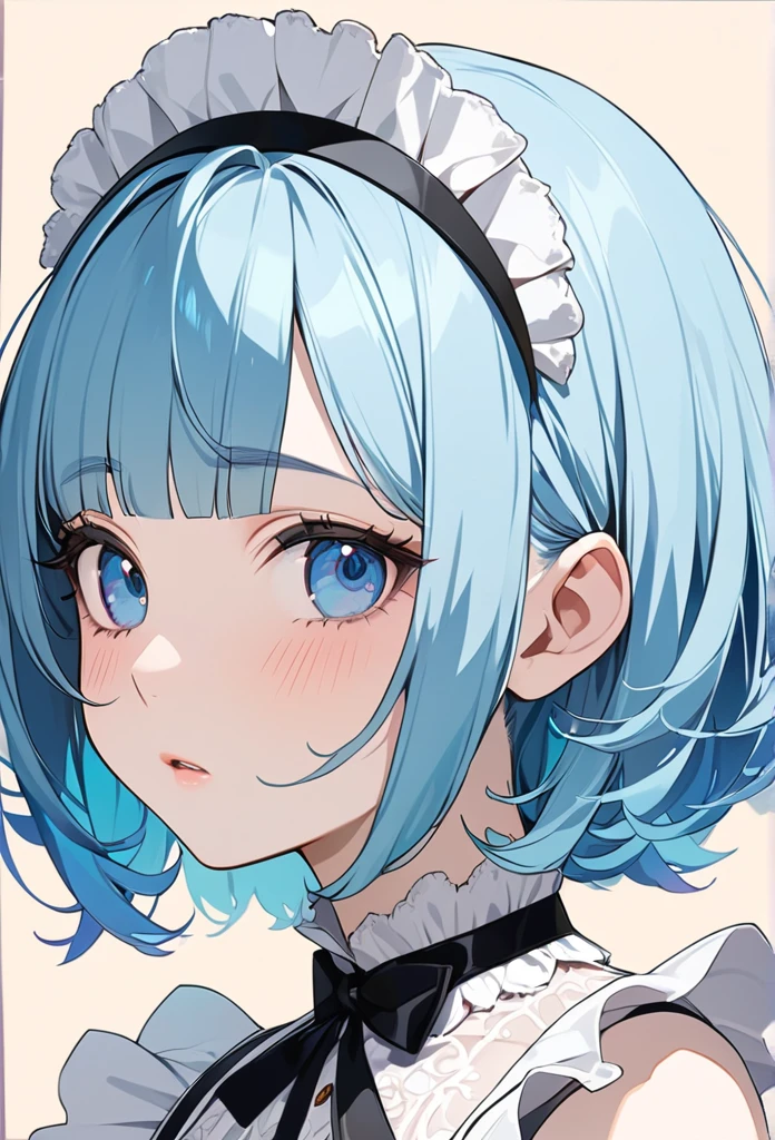 One girl, solo, Hide your ears, blue eyes, Sleepy, expression, Simple Background, Character portrait, Chest girth, Maid Head Accessories, Anime Style, Gothic art, High resolution, masterpiece, accurate, Highest quality, ロング丈のMaid clothes、Even bangs、short hair、Light blue hair、Maid clothes、呆れたexpression