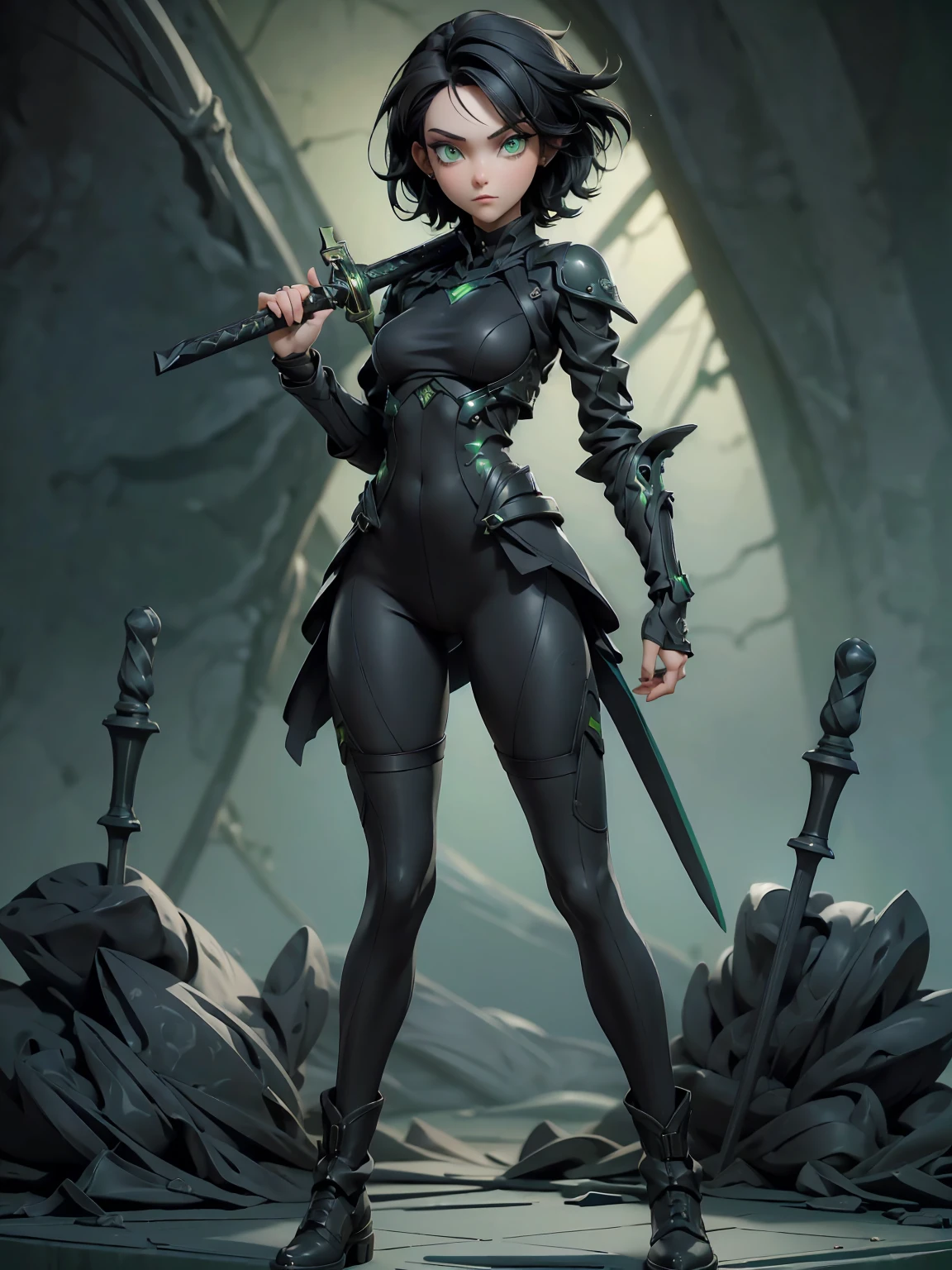 (((Best Quality))), (((Masterpiece))), (((Realistic))) slender, cute girl with short black hair and vibrant green eyes. She wears only a tight black high tech leggings with high-tech boots and holds a strong sword(extremely detailed:1.5)
