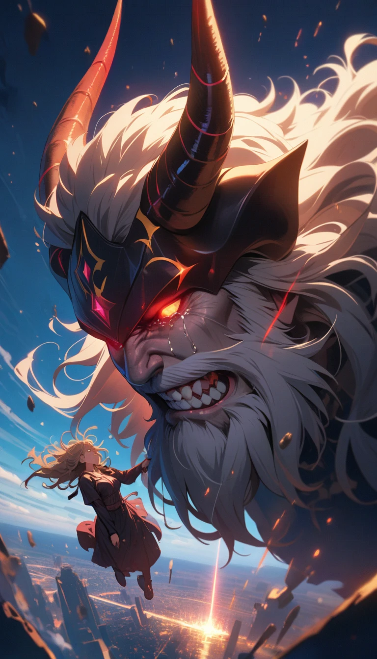 ((best quality)) , ((masterpiece)) , (detailed),horns, giant, glowing, glowing eyes, beard, male focus, 1boy, helmet, holding, facial hair, fur trim, teeth, muscular,((full body)),((full body)),(helpless),tear, crying,(((((falling from the sky))))),((Weathering With You)),((falling)),((face towards the sky)),(hair flows upwards),((disheveled hair)),(1 girl), floating, beautiful detailed sky、