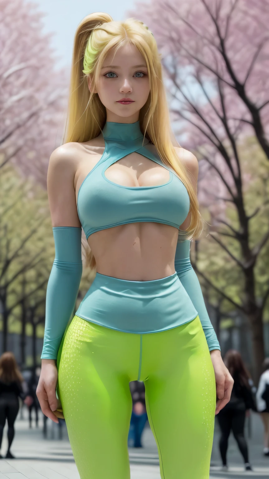 1 girl, (blue colored eyes), (ssmile), (Sana Minatozaki), Broad Hips, big fit ass , Bunda big fit ass, (best qualityer, 8k, work of art: 1.3), perfect hands, Focus Clear: 1.2, Perfect Body Beauty: 1.4 , slendered abs: 1.2, Highly detailed texture of face and skin, detailedeyes, Double eyelids, (long blonde hair :1.2), (neckline sports top), (Legging verde fluor :1.3), standing, dynamic pose, in a Tokyo square, sakura trees in the background