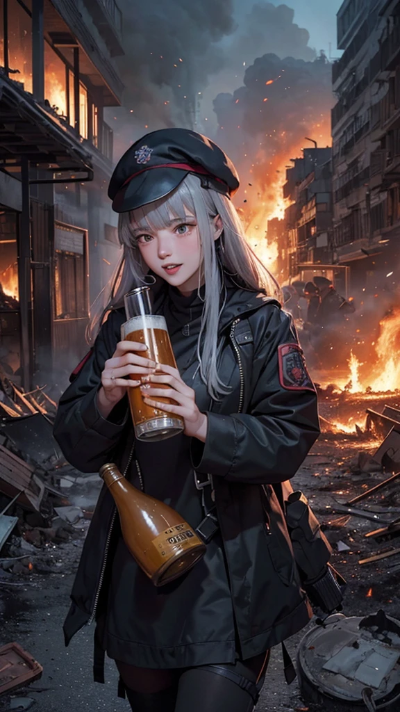 rating_safe, hk416, def, beret, solo, holding beer bottle, drunk, laughing, heavy blush, explosions, smoke, ruined buildings, burning city ruins background, explosions and flames everywhere in background, explosions, more explosions, more fire, through the fire and flames by dragonforce, fire and explosions covering whole background, death and destruction everywhere,