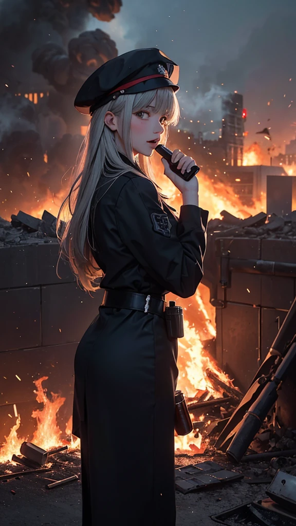 rating_safe, hk416, def, beret, solo, holding beer bottle, drunk, laughing, heavy blush, explosions, smoke, ruined buildings, burning city ruins background, explosions and flames everywhere in background, explosions, more explosions, more fire, through the fire and flames by dragonforce, fire and explosions covering whole background, death and destruction everywhere,