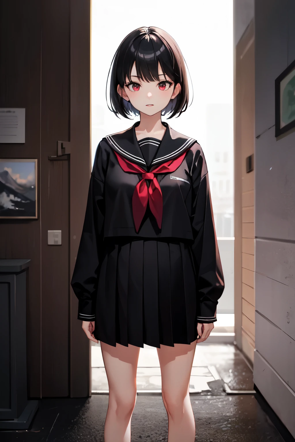 ((Highest quality)), ((masterpiece)), (detailed), One girl, Black Hair,Short Hair,Red Eyes,Black sailor suit,night,be scared