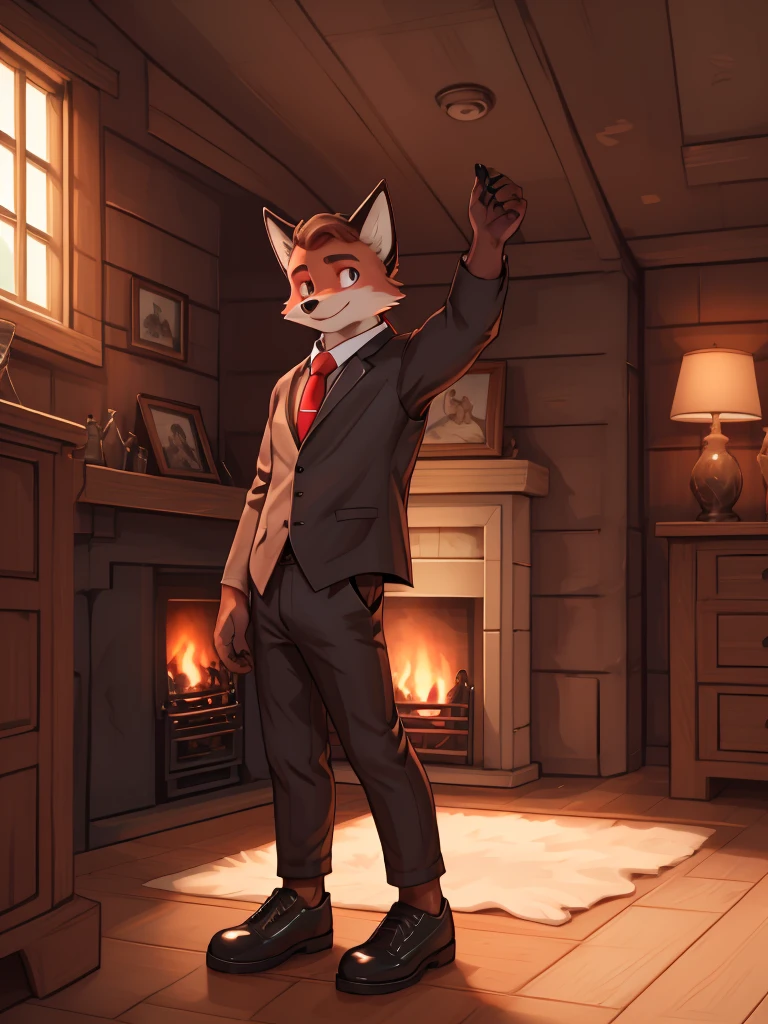 A young fox, spongy ass, with a serious expression, relaxed, with black suit, White shirt, Red tie, black elegant shoes, Light brown eyes, looking to the camera, in a wooden room with a fireplace, detailed, Aesthetic.