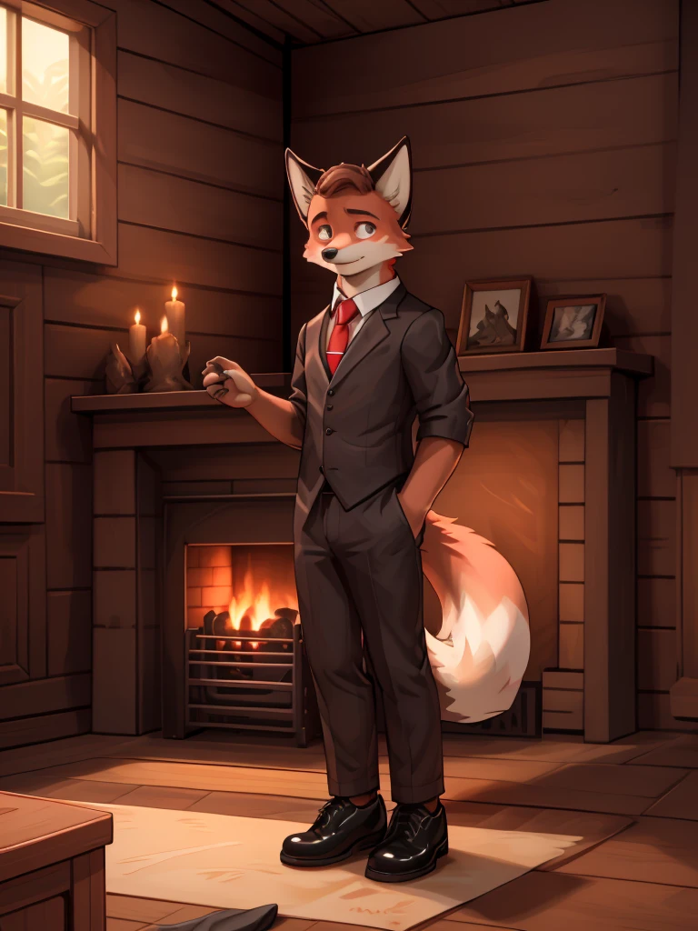 A young fox, spongy ass, with a serious expression, relaxed, with black suit, White shirt, Red tie, black elegant shoes, Light brown eyes, looking to the camera, in a wooden room with a fireplace, detailed, Aesthetic.